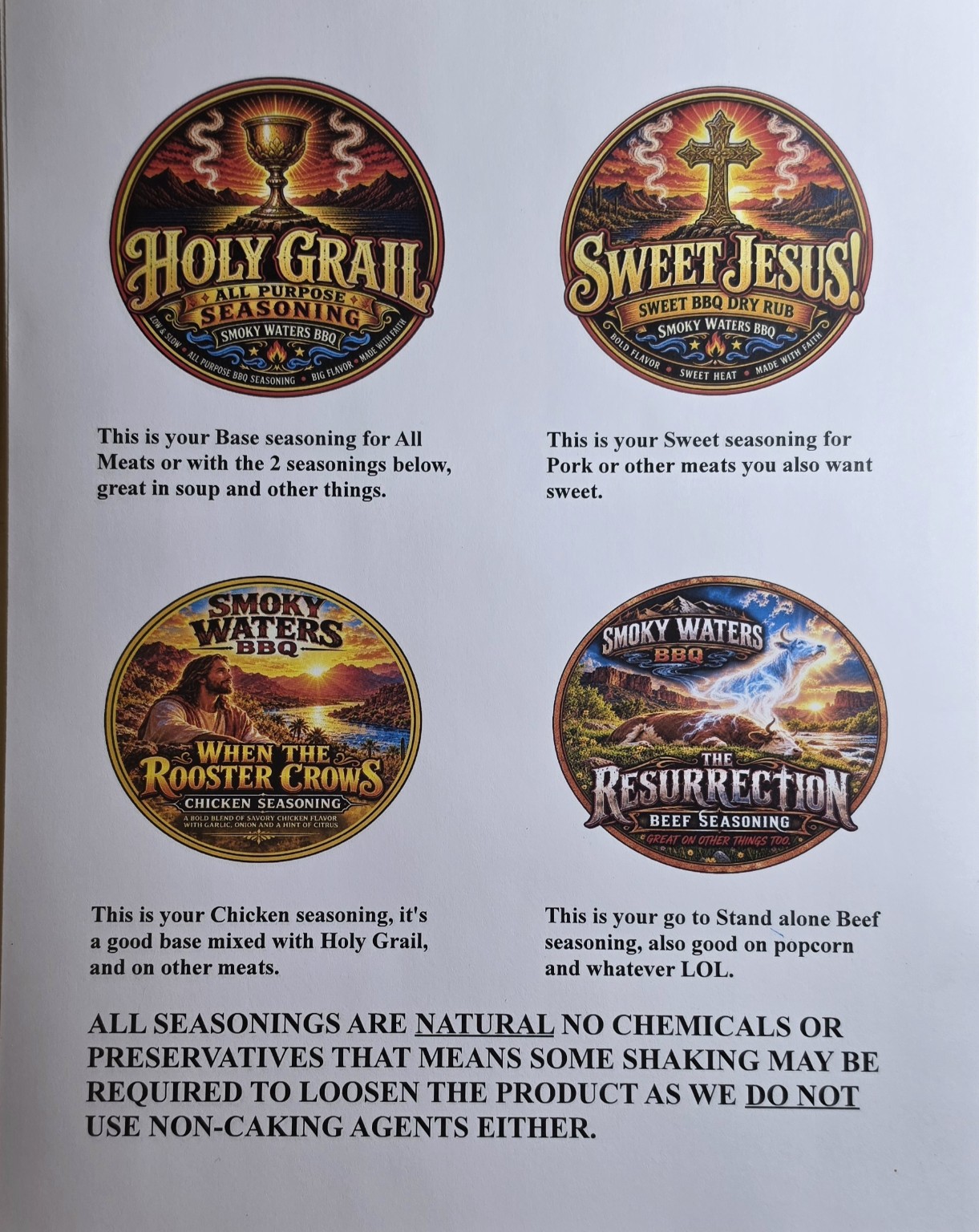 Smoky Waters sheet explaining all four spice blends